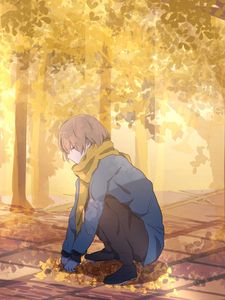 Preview wallpaper guy, scarf, leaves, trees, autumn, anime