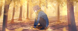 Preview wallpaper guy, scarf, leaves, trees, autumn, anime