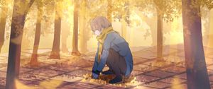 Preview wallpaper guy, scarf, leaves, trees, autumn, anime