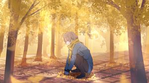 Preview wallpaper guy, scarf, leaves, trees, autumn, anime
