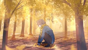 Preview wallpaper guy, scarf, leaves, trees, autumn, anime