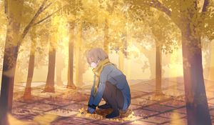 Preview wallpaper guy, scarf, leaves, trees, autumn, anime