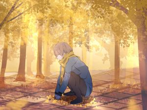 Preview wallpaper guy, scarf, leaves, trees, autumn, anime