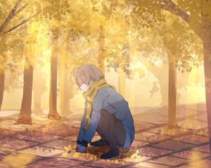 Preview wallpaper guy, scarf, leaves, trees, autumn, anime