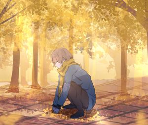 Preview wallpaper guy, scarf, leaves, trees, autumn, anime