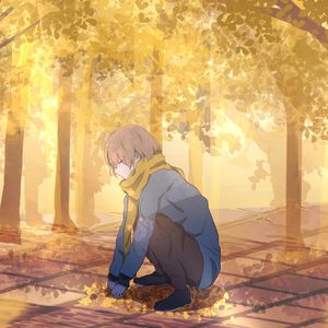 Preview wallpaper guy, scarf, leaves, trees, autumn, anime