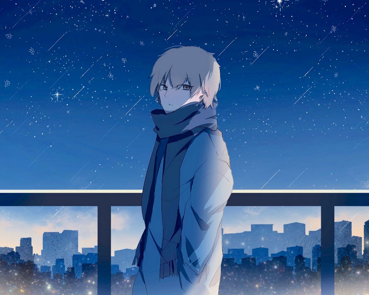 Download wallpaper 1280x1024 guy, scarf, starry sky, stars, night, anime  standard 5:4 hd background
