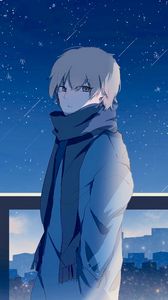 Preview wallpaper guy, scarf, starry sky, stars, night, anime