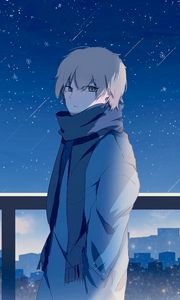 Preview wallpaper guy, scarf, starry sky, stars, night, anime