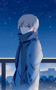 Preview wallpaper guy, scarf, starry sky, stars, night, anime