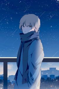 Preview wallpaper guy, scarf, starry sky, stars, night, anime