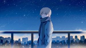 Preview wallpaper guy, scarf, starry sky, stars, night, anime