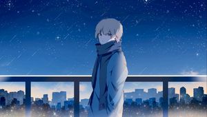 Preview wallpaper guy, scarf, starry sky, stars, night, anime