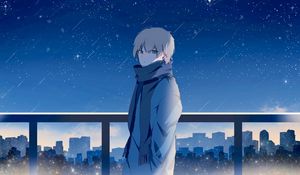 Preview wallpaper guy, scarf, starry sky, stars, night, anime