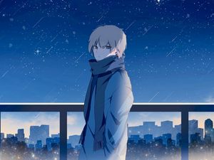 Preview wallpaper guy, scarf, starry sky, stars, night, anime