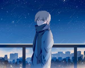 Preview wallpaper guy, scarf, starry sky, stars, night, anime