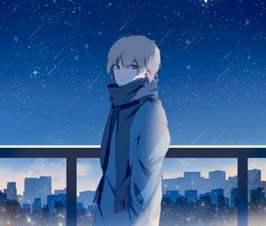 Preview wallpaper guy, scarf, starry sky, stars, night, anime