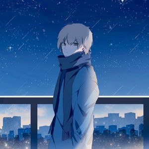 Preview wallpaper guy, scarf, starry sky, stars, night, anime