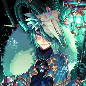 Preview wallpaper guy, shaman, skull, horns, anime, art, green