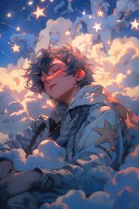 Preview wallpaper guy, sleep, stars, clouds, art, anime