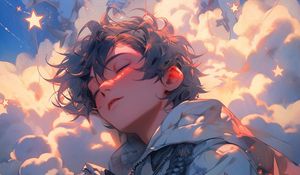 Preview wallpaper guy, sleep, stars, clouds, art, anime