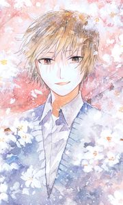 Preview wallpaper guy, smile, flowers, watercolor, anime, art