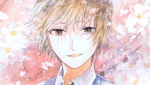 Preview wallpaper guy, smile, flowers, watercolor, anime, art