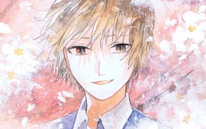 Preview wallpaper guy, smile, flowers, watercolor, anime, art