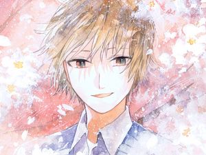 Preview wallpaper guy, smile, flowers, watercolor, anime, art