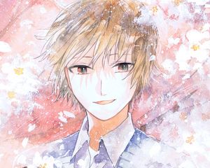 Preview wallpaper guy, smile, flowers, watercolor, anime, art