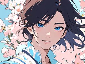 Preview wallpaper guy, smile, kimono, sakura, art