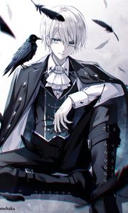 Preview wallpaper guy, smile, raven, feathers, anime, art