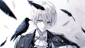 Preview wallpaper guy, smile, raven, feathers, anime, art