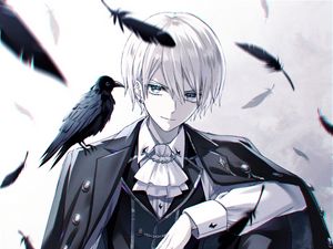 Preview wallpaper guy, smile, raven, feathers, anime, art