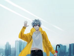 Preview wallpaper guy, smile, umbrella, anime