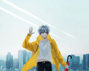 Preview wallpaper guy, smile, umbrella, anime