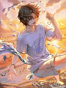 Preview wallpaper guy, smile, water, spray, anime, art