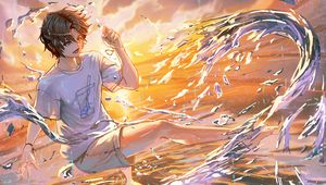 Preview wallpaper guy, smile, water, spray, anime, art