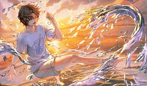 Preview wallpaper guy, smile, water, spray, anime, art