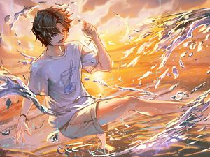 Preview wallpaper guy, smile, water, spray, anime, art