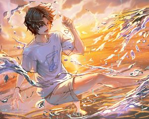 Preview wallpaper guy, smile, water, spray, anime, art