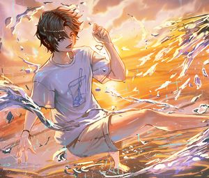 Preview wallpaper guy, smile, water, spray, anime, art