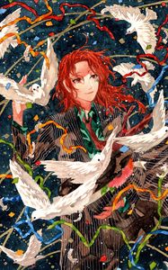 Preview wallpaper guy, smile, watercolor, pigeons, confetti, anime