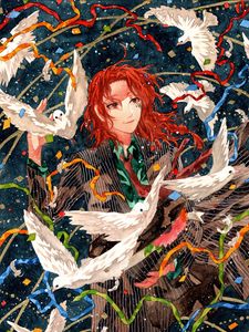 Preview wallpaper guy, smile, watercolor, pigeons, confetti, anime