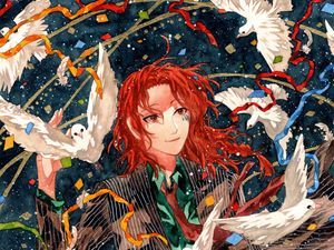 Preview wallpaper guy, smile, watercolor, pigeons, confetti, anime