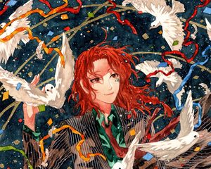 Preview wallpaper guy, smile, watercolor, pigeons, confetti, anime