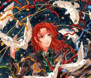 Preview wallpaper guy, smile, watercolor, pigeons, confetti, anime