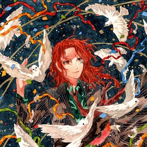 Preview wallpaper guy, smile, watercolor, pigeons, confetti, anime