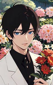 Preview wallpaper guy, suit, flowers, bouquet, anime