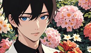 Preview wallpaper guy, suit, flowers, bouquet, anime